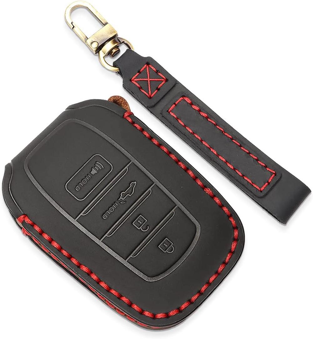 INTGET for 2022-2024 2025 Toyota Tundra Key Fob Cover, for 2023 2024 2025 Sequoia Key Fob Case, for Camry 2025 Leather Key Cover, for 2024 Grand Highlander, for 2024 Tacoma (Black Leather Red Thread)
