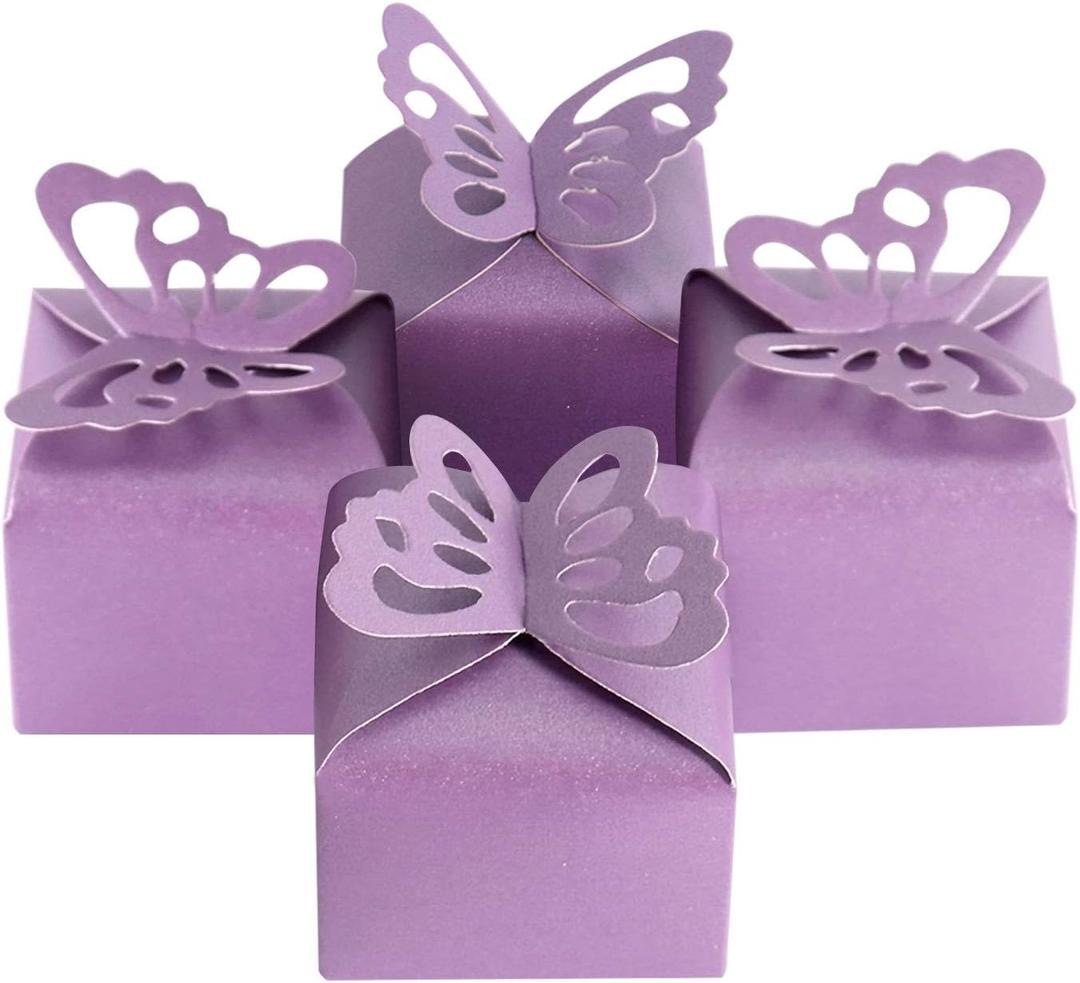 Kslong 50pcs Purple Butterfly Favor Boxes Girl Baby Shower Butterfly Candy Box Decoration Party Birthday Wedding Small Gift Boxes (Purple)