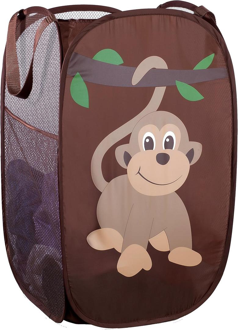 Handy Laundry Collapsible Mesh Pop Up Laundry Hamper with Side Pocket Breathable, Space-Saving, Foldable Basket for Clothes, Toys, Travel & Storage, 14 x 13 x 24 in, Monkey