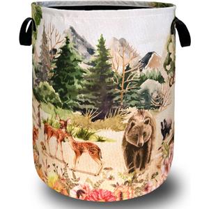 Watercolor Animals Laundry Hamper With Handles Foldable Oxford Cloth Animal Bear Deer Tote Bag Funny Laundry Basket Clothes Toy Storage Bucket Men Women 18.9" x 16.5" For Bathroom/Laundry/Bedroom