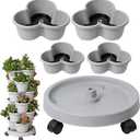 Stackable Strawberry Tower Pot, 4 Tiers Vertical Tower Stackable Pot with Tray and Flexible Wheel for Strawberry, Flower, Vegetable, Three-Petal Flowerpot for Herb Flower Bedding Indoor Ourdoor Garden (10 Basins + 2 Stent)