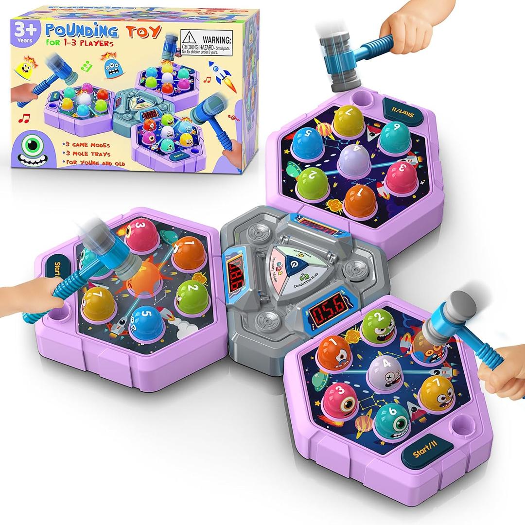 Whack Mole Game for Toddlers, Toys for 3-12 Year Old Girls Boys, Interactive Educational Multiplayer Toys with 3 Modes & 3 Hammers, Sound & Light, Birthday Xmas Gifts for 3 4 5 6+ Year Old Girls Boys (Purple)