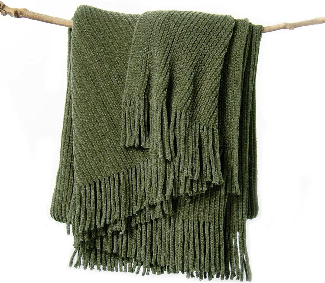 Lifein Throw Blanket for Couch, Soft Green Boho Decor Bed Throw, Cozy Knitted Chenille Farmhouse Lightweight Throw(Olive Green,50 x 60")