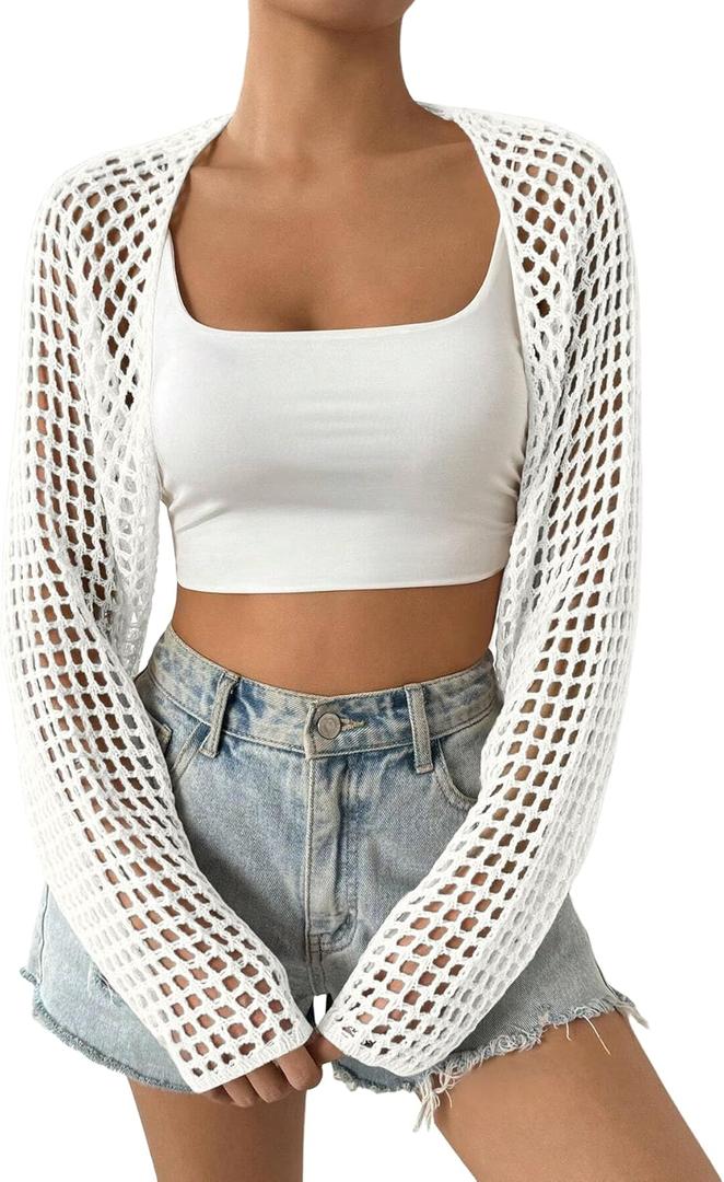 Women's Lightweight Crop Cardigan Crochet Knit Long Sleeve Bolero Shrug Sweater, Size XL