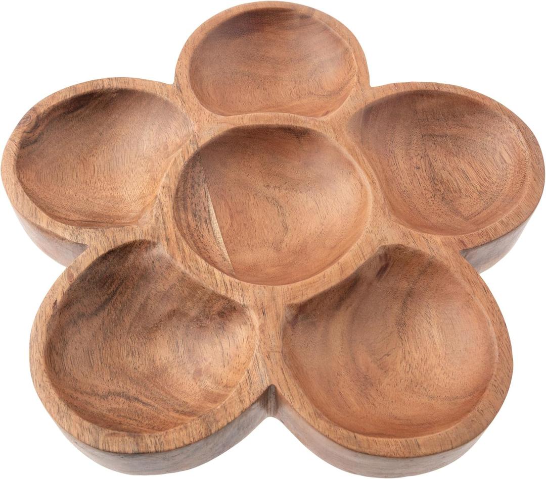 Karma, Acacia Wood Shaped Serving Bowl, Shaped Wooden Compartment Divided, Wood Accent-Plates Divided Dessert Dish Serving Trays Platters, Flower