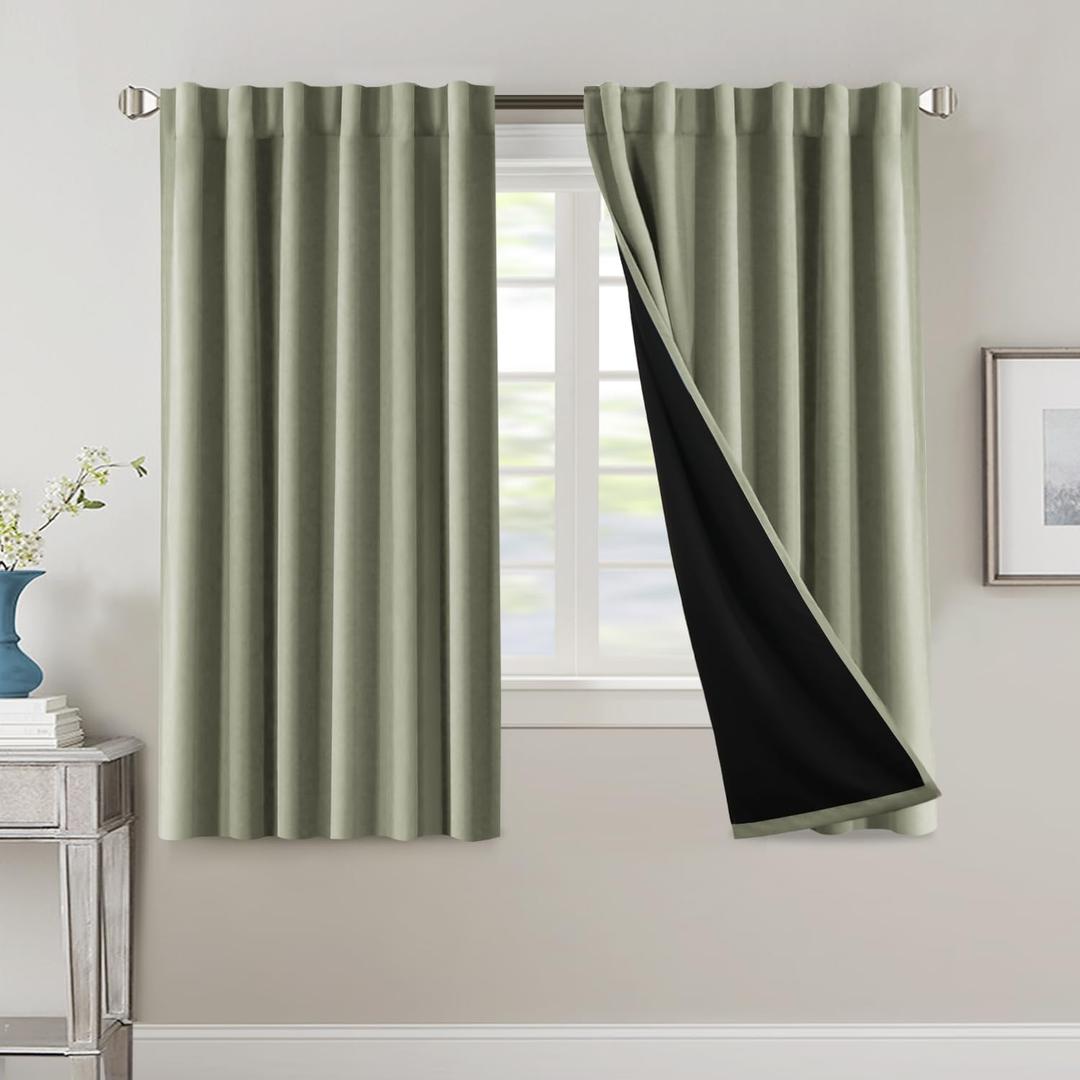 H.VERSAILTEX 100% Blackout Curtains for Bedroom with Black Liner Full Room Darkening Curtain 63 Inch Long Thermal Insulated Back Tab/Rod Pocket Window Treatment Drapes for Living Room, 2 Panels, Sage