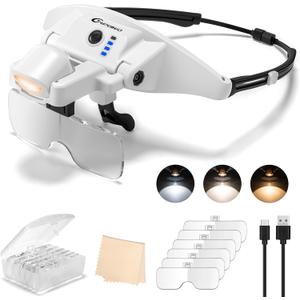 Magnifying Glass with Light, 1X-4X Magnifying Glasses, Rechargeable Magnifier Headset with Magnetic Headband, Detachable 6 Lenses, 3 Light Modes Magnify Glasses for Close Work Crafts Sewing