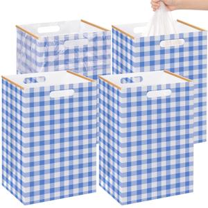 Hushee 4 Pcs 13 Gallon Disposable Collapsible Trash Cans, Blue Plaid Reusable Portable Garbage Can with Handles, Trash Bags, Fixing Strip Cardboard Bins for Party, Event, Kitchen, Office