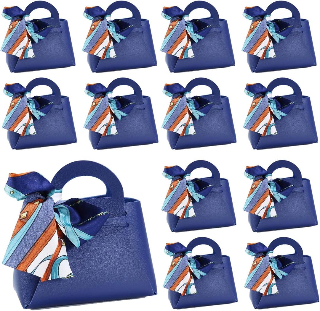 LPEIEB 12 Pack Leather Ribbon Candy Bag Gift Bags PU Wedding Gift Bags with Handle Ribbon Reusable Party Favor Boxes for Weddings Birthdays Christmas Baby Showers Halloween(Dark Blue)