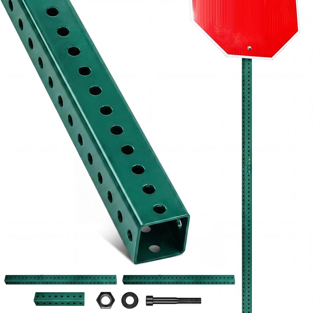 8 ft H x 2 in W Square Sign Post with 7/16" Dia Mounting Holes Galvanized Steel Metal Poles Outside Rust Resistant Industrial Perforated Tube for Street, Parking, Construction (Green)