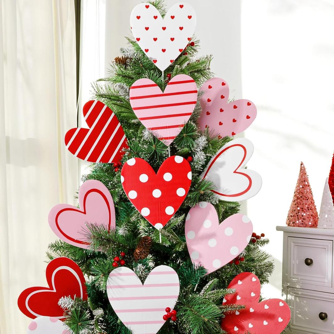 Valentines Day Decorations Tree Ornaments: 12 pcs Extra Large Red Pink White Heart San Valentine Decorations, Cute Hear Picks Ornaments for Valentine's Day Tree Topper Home Wedding Dcor
