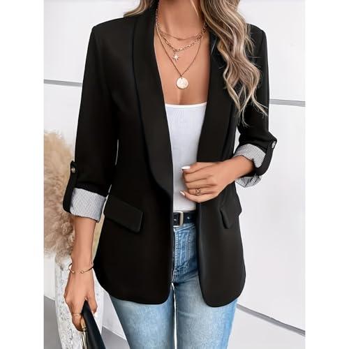 Womens Casual Blazers, Open Front 3/4 Long Sleeve Work Office Suit Jackets Blazer Black