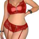 SHENHE Women's Plus Size Garter Lingerie Set Floral Lace 3 Pieces Bra and Panty Sets with Stockings Red 3XLarge Plus