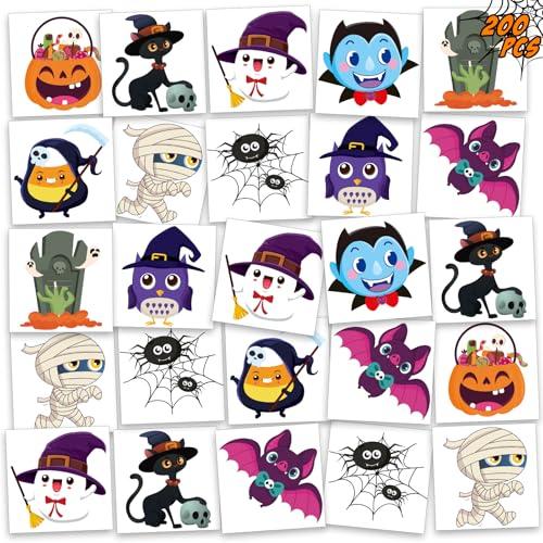 200 Pcs Halloween Temporary Tattoos for Kids, Halloween Party Favors , Trick or Treats for Party Supplies Favors, Goodie Bags, Halloween-Themed Prizes Assorted Gifts,1.89" x 1.89",10 Designs