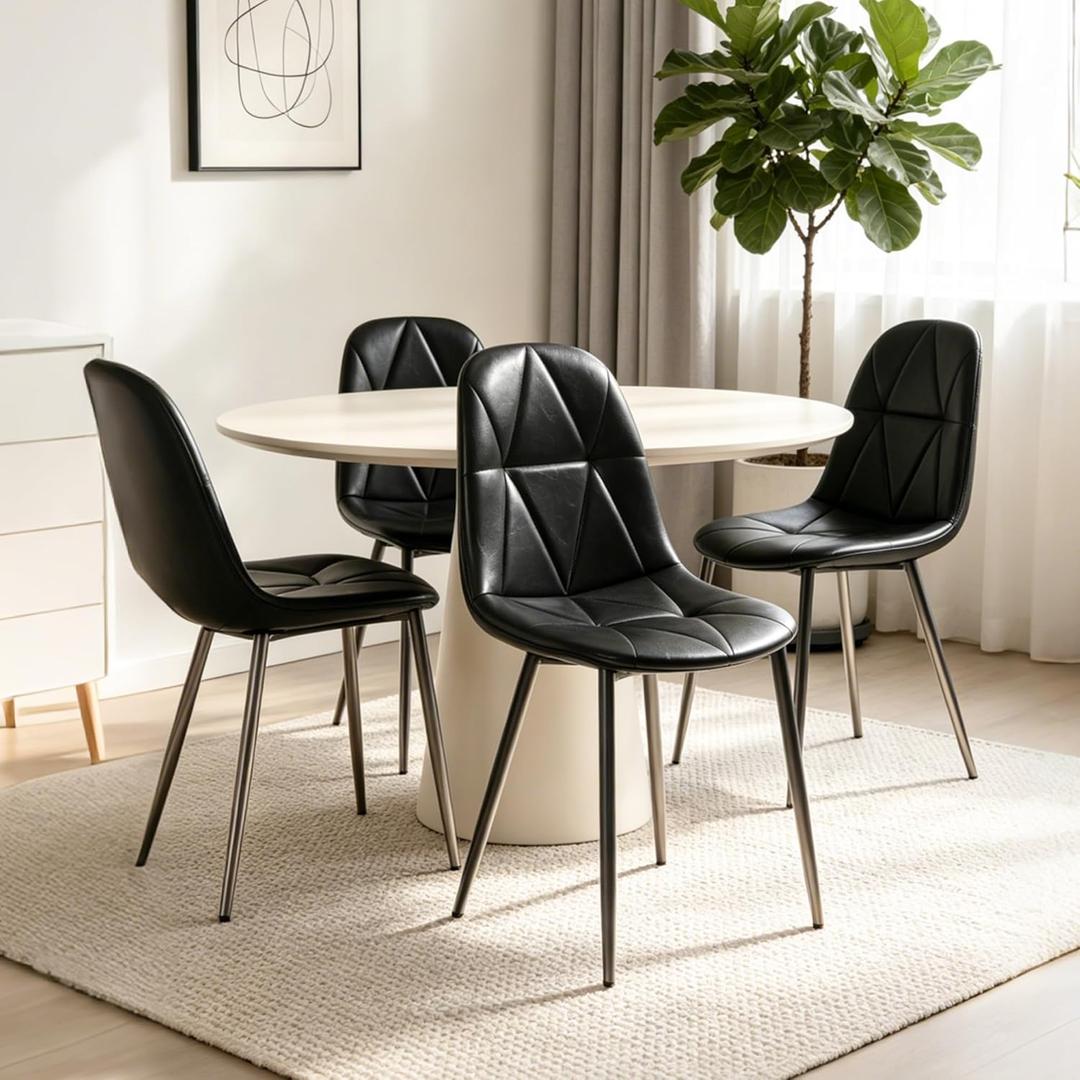 Set of 4 Black Dining Chairs – Modern Armless Kitchen & Dining Chairs, Faux Leather Upholstery, Ergonomic Backrest & Sturdy Metal Legs, 27 x 18 x 20