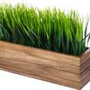 MyGift 14 Inch Artificial Green Grass Plant in Solid Acacia Wood Planter Window Box, Faux Greenery in Decorative Rectangular Crate Style Wooden Container