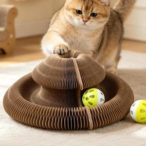 2 x Kitty Kurls Magic Organ Cat Scratcher, Foldable Accordion Scratching Board with Bell Ball, Interactive Pizza Style Cardboard Scratch Pad, Reversible Toy for Indoor Cats