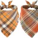 Vivifying Thanksgiving Dog Bandana, 2 Pack Fall Halloween Classic Plaid Dog Scarf with Tassels Edges, Funny Pet Apparel & Accessories Costume for Photo Prop, and Party Decor (Large, Yellow&Orange)