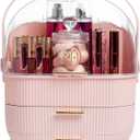 Paris Hilton Makeup Storage Organizer with Lid, Cosmetics and Skincare Organizer for Vanity, Portable Makeup Storage Box for Countertop, Fluted Design with Gold Accents, Pink