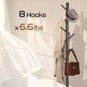 Wooden Coat Rack Freestanding with 8 Hooks & 3 Adjustable Sizes for Clothes, Space-Saving Design for Bedroom Office Entrance Holds Hats Coats Scarves Bags