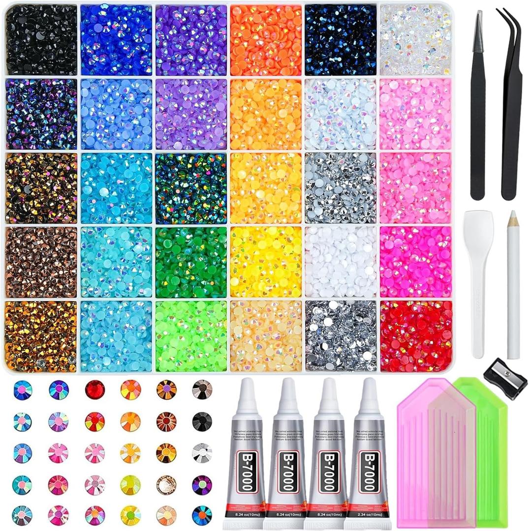 40000 Pcs AB Resin Rhinestones Kit, 30 Colors 3mm Flatback with Straight Pick Tool, 4 x B7000 Glue – All-in-One Bedazzling Kit with Rhinestones for DIY Crafts Phone Case Shoes Gift, XX-Large