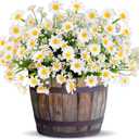 12 Bundles Artificial Daisy Flowers for Outdoors Summer Decor, UV Resistant Fake Cemetery Flowers Faux Plastic Greenery Shrub Plants for Outside Home Gardens Porch Planter Memorial Day Dcor(White)
