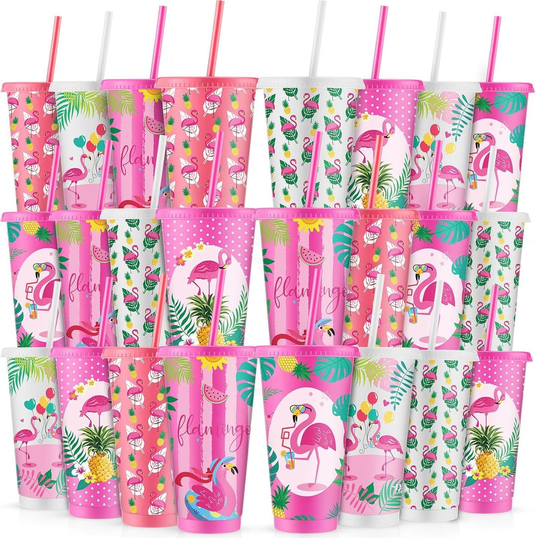 Cholemy 24 Pcs 24 oz Flamingo Plastic Cups with Lids and Straws Flamingo Party Favor Reusable Drinking Tumblers Bulk for Juice Water Coffee Tea Birthday Party Supplies