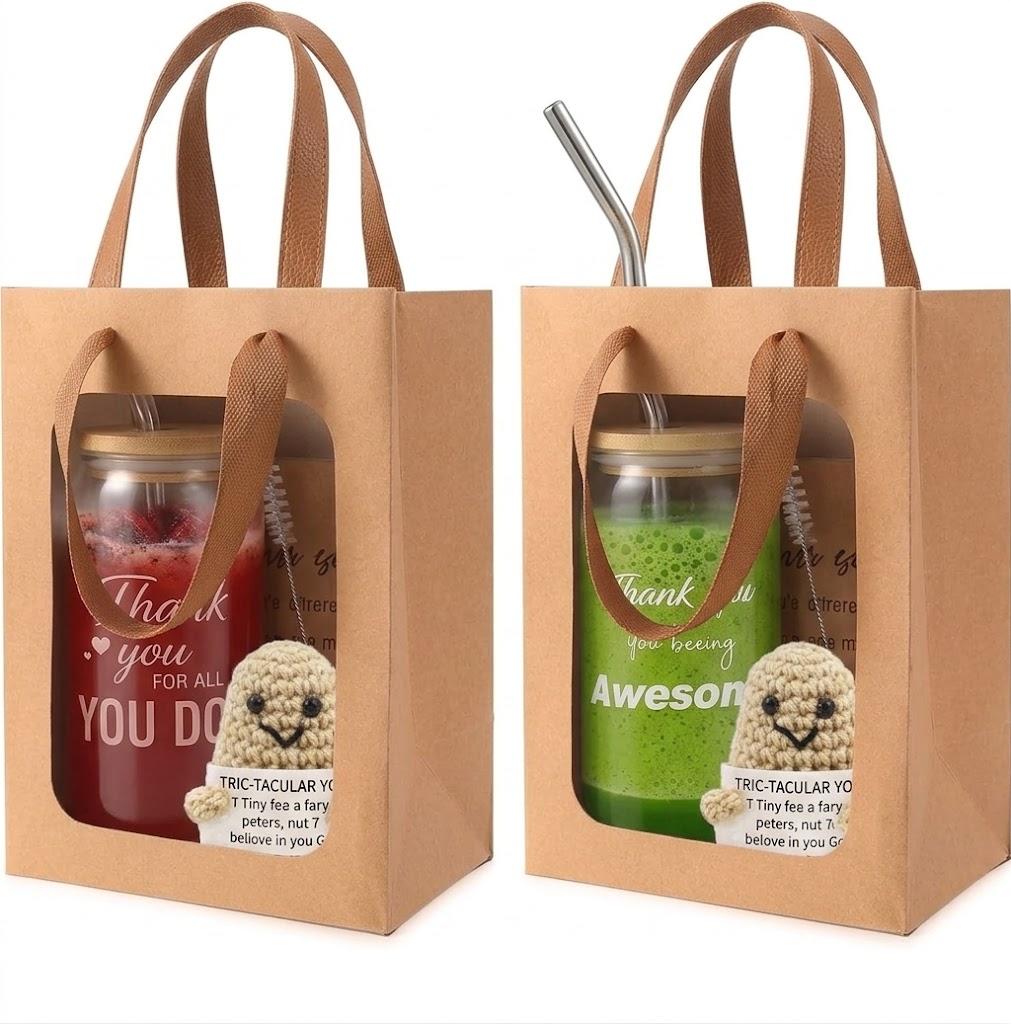 2 Sets Employee Appreciation Gifts Bulk - Includes 16oz Glass Cups with Bamboo Lid, Positive Crochet, Kraft Paper Gift Bags & Straw - Thank You Gifts for Coworkers, Teachers, Staff & Team