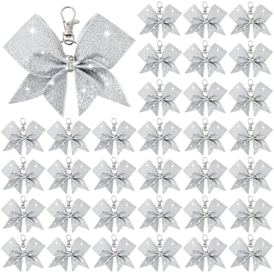 36PCS Cheer Bow Keychain Glitter Bow Keychain Hair Bow for Girls Rhinestones Sequin Bow School Senior Cheer Bow Accessories for Teen Softball football Cheerleader (Glitter Silver) (36 PCS-Glitter Silver)