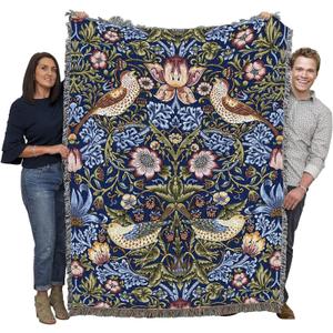 Pure Country Weavers William Morris Strawberry Thief Indigo Blanket - Arts & Crafts - Gift Tapestry Throw Woven from Cotton - Made in the USA (72x54) (Large)
