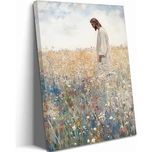 Jesus Canvas Wall Art Jesus Left The 99 Christian Inspirational Painting Picture Wall Decor Jesus with Wildflowers Religious Faith Print Artwork for Living Room Bedroom Church Home Decor, Framed