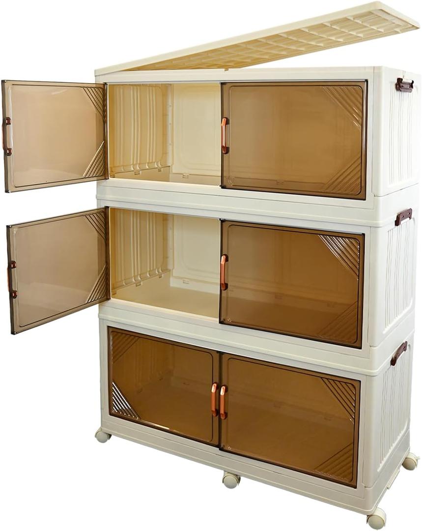 Stackable Storage Bins with Lid -Large 430Qt 3Tier Folding Storage White with Magnetic Doors & Wheels, Closet Organizersfor Home,Garage,Office,Shoes,carport (3 Tier)