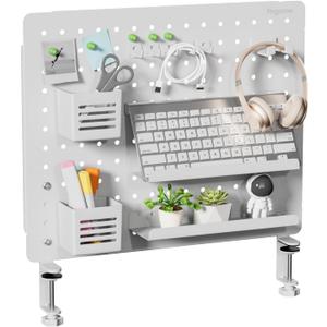 Clamp-on Desk Pegboard, Desk Organizer for Office Gaming Home, Magnetic Metal Peg Board with 15 Accessories, Privacy Panel for Office, 20.4" x 16.5", Large, White