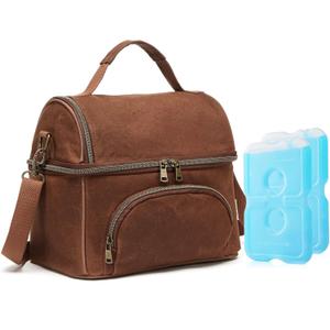 Lunch Box with Ice Packs, Waxed Canvas Lunch Bag for Men, 10.5L Leakproof Insulated Lunch Cooler for Men Work, Dual Compartment Soft Cooler for Work, Camping, Beach & Road Trips (Rustic Brown)