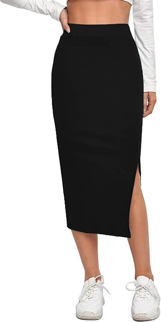 Women's Elastic Waist Pencil Bodycon Midi Skirt - High Waisted with Side Slit Below Knee Length Elegance for Women (Medium, Black)