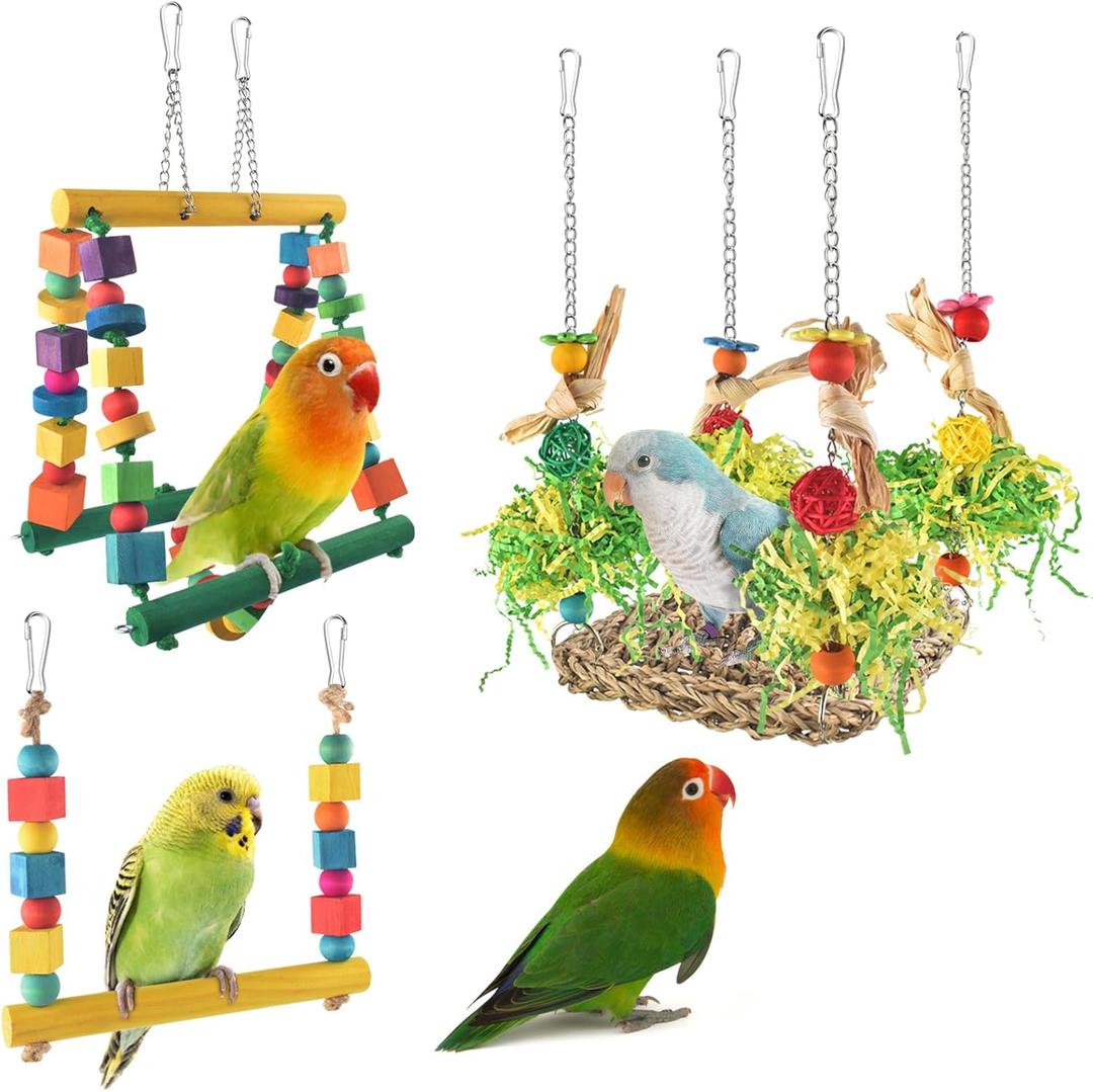 Bird Hammock Toys Parakeet Perches Swing, 3in1 Detachable Parrot Cage Accessories, Wooden Hanging Chew Toys for Medium Conure Cockatiel Quaker Lory