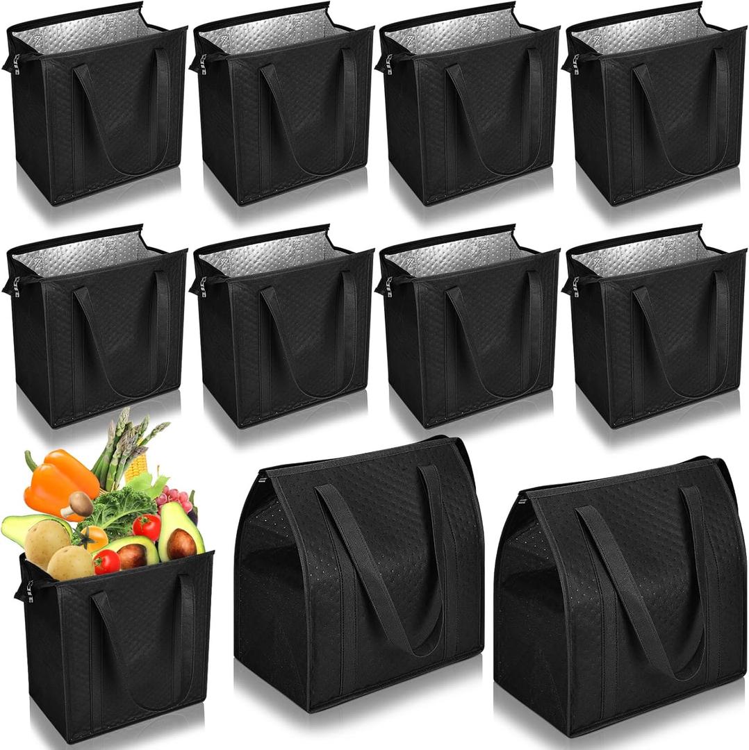 10 Pack Large Insulated Grocery Bags Reusable Shopping Bags with Zippered Top 13 x 12 x 7 Inch Thermal Cooler Totes Bulk with Handles for Hot Cold Food Delivery Refrigerator (Black)