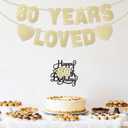 2 x 80th Birthday Decorations for Men Women, Gold Glitter 80th Birthday Banner with Cake Topper 80 Years Loved Banner 80 B-DAY Party Decorations