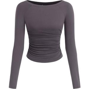 PRETTYGARDEN Long Sleeve Shirts for Women 2026 Fall Ruched Sides Boat Neck Basic Tee Casual Fitted Ribbed Knit Crop Tops (Gray, XL)