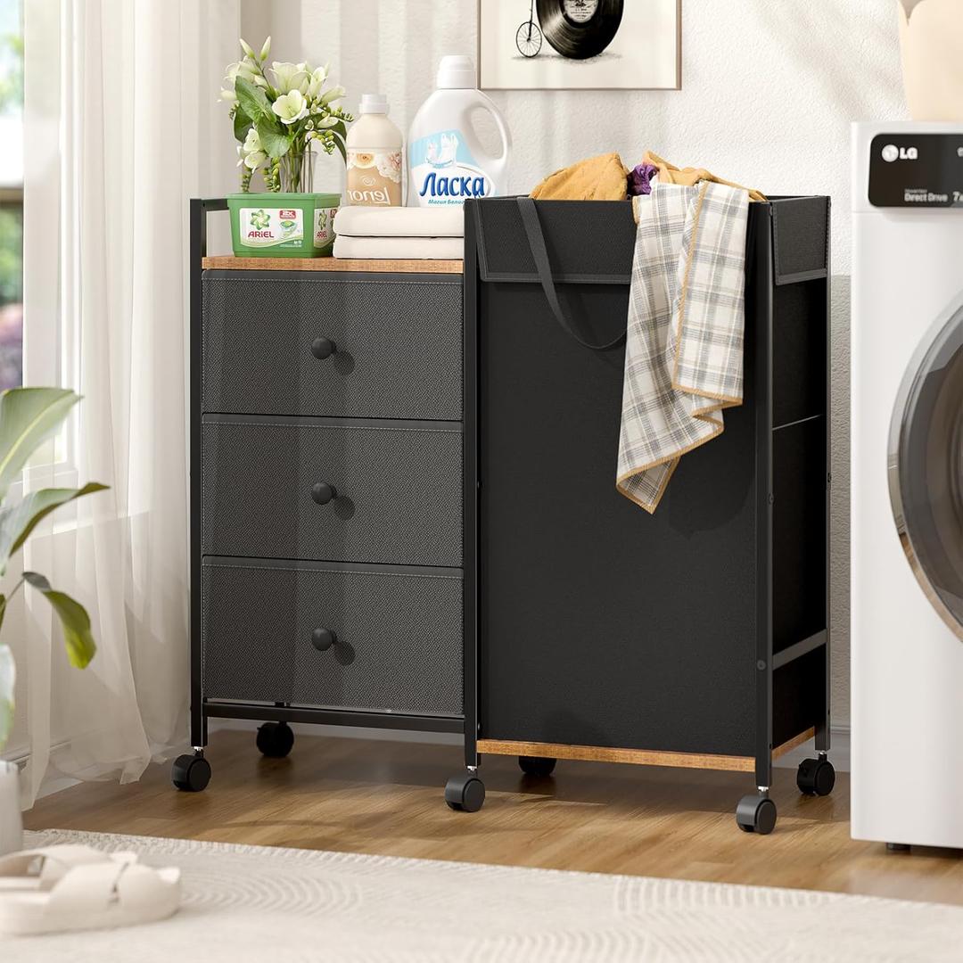 Laundry Hamper with Wheels, Laundry Sorter with Shelf and 3 Drawers, Total Capacity 123L/32.5 Gal (3 Drawers+Bags), Laundry Cabinet with Fabric Detachable Bags, Clothes Hampers for Bedroom Bathroom