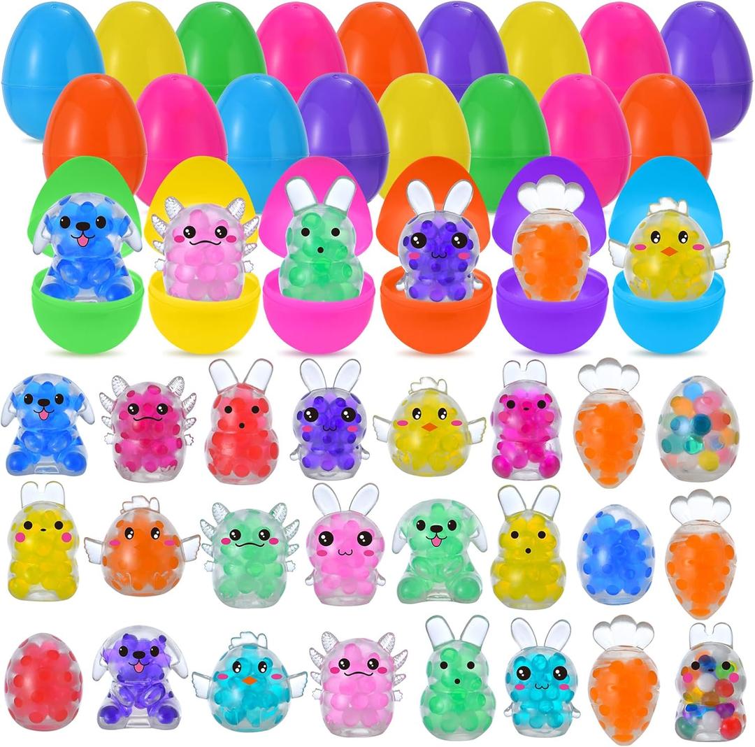 24 Pack Prefilled Easter Eggs with Stress Balls, Easter Rabbit Axolotl Squeeze Balls Squishies Toys Stress Relief for Easter Egg Fillers, Easter Basket Stuffers Party Favor Gifts