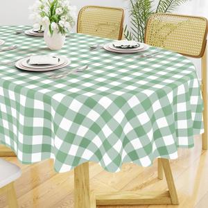 Smiry Oval Table Cloth, Waterproof Vinyl Tablecloths with Flannel Backing, Wipeable Buffalo Plaid Table Cover for Picnic, Indoor and Outdoor (Sage Green & White, 60"x84")