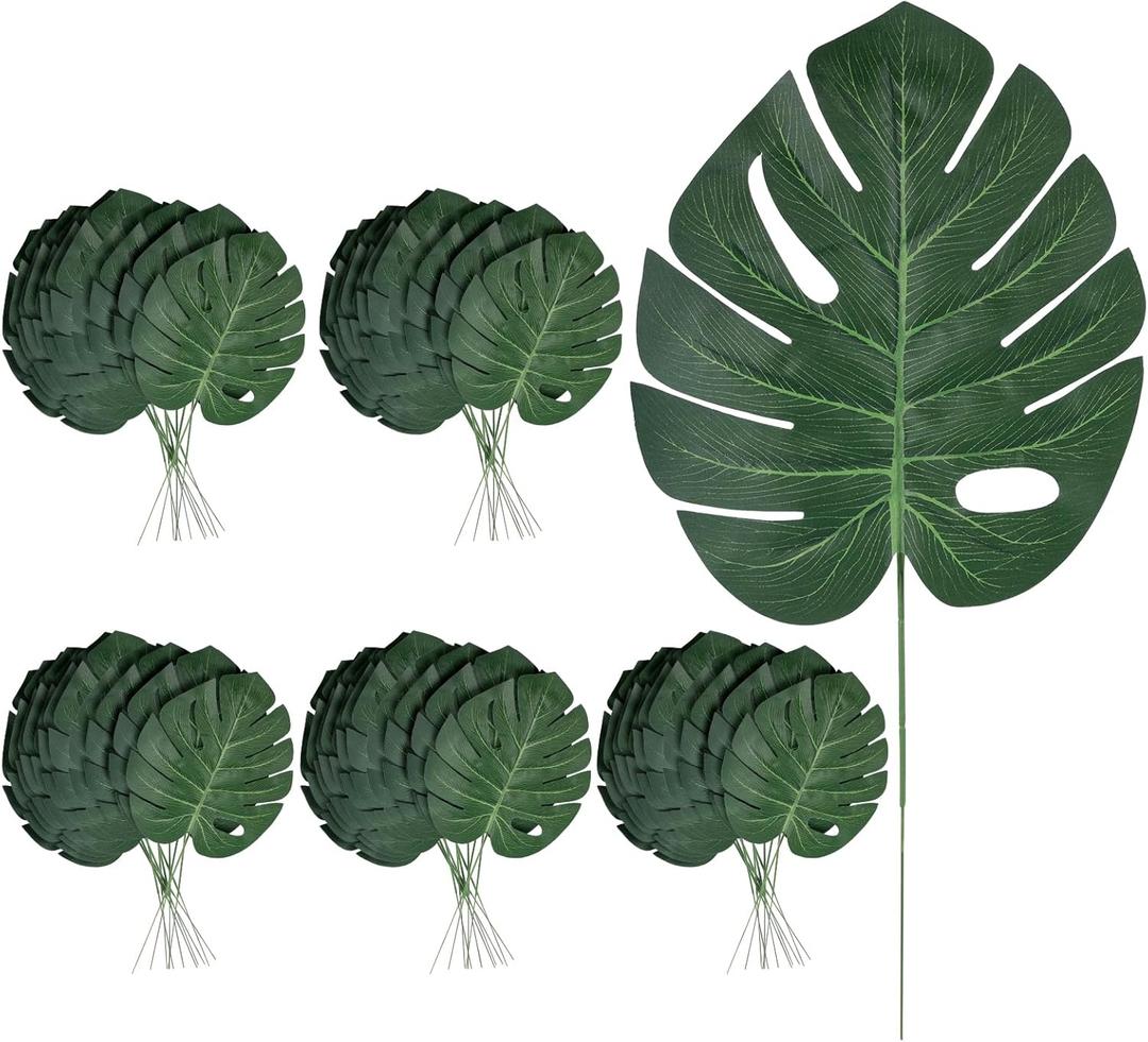 48 Pcs Artificial Monstera Leaves, 16" Faux Tropical Monstera Stems, Lifelike Fake Greenery for Wedding Decor, Jungle Party, Home Staging, Vase Fillers, No Maintenance