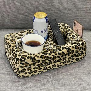 Couch Cup Holder Pillow, Couch Drinks Remotes Holder for Center of Couch, for Sofa, Bed, RV, Car (Leopard)