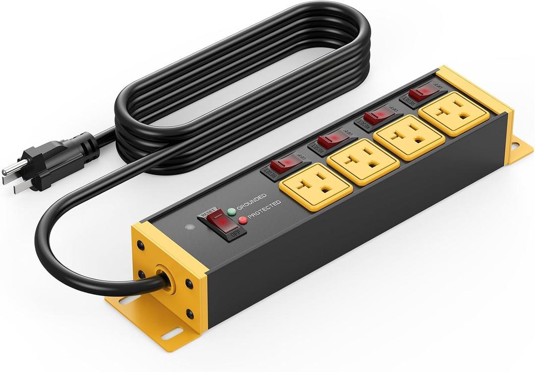 CCCEI Heavy Duty Surge Protector Power Strip 20 Amp Individual Switches. 4FT 12 Gauge Extension Cord with Multiple Outlets. Kitchen, Garage, Shop, Industrial Wall Mount Electric Extender, Yellow.