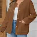 Saodimallsu Women's Chunky Knit Cardigan Button Down Crewneck Long Sleeve Cropped Sweater with Pockets (Brown, L)