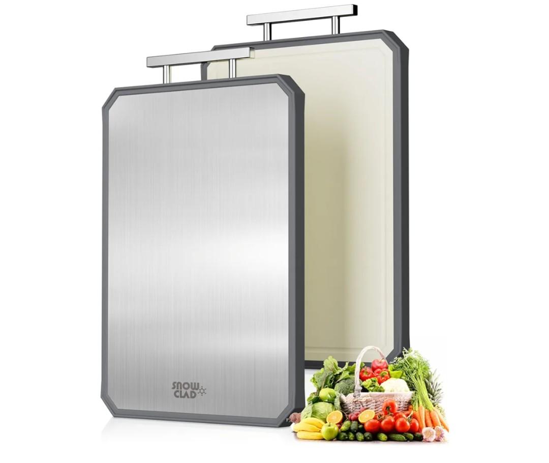 SNOWCLAD Stainless Steel Cutting Board,Double Sided Steel Cutting Boards for kitchen,Stainless Steel/Wheat straw pp Large Board for meat,non toxic Chopping,16 * 11 Inch,Dishwasher Safe