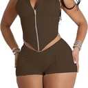 Ophestin 2 Piece Going Out Sets for Women Sexy Zip Up Crop Tank Top Bodycon Biker Shorts Set Club Gym Outfits (Large, Brown)