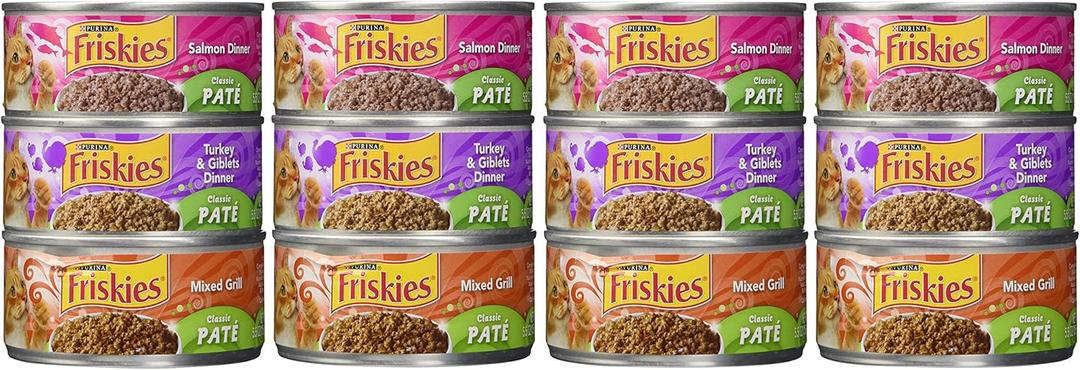 Friskies Wet Cat Food, Friskies Pate, 3-Flavor Variety Pack, 5.5-Ounce Can, Pack of 12 (BB: June 2027)