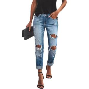 Women's High Waisted Distressed Skinny Jeans, Ripped Ankle Jeans with Cuffed Hem for Casual, Street & Daily Wear (Blue, XL)